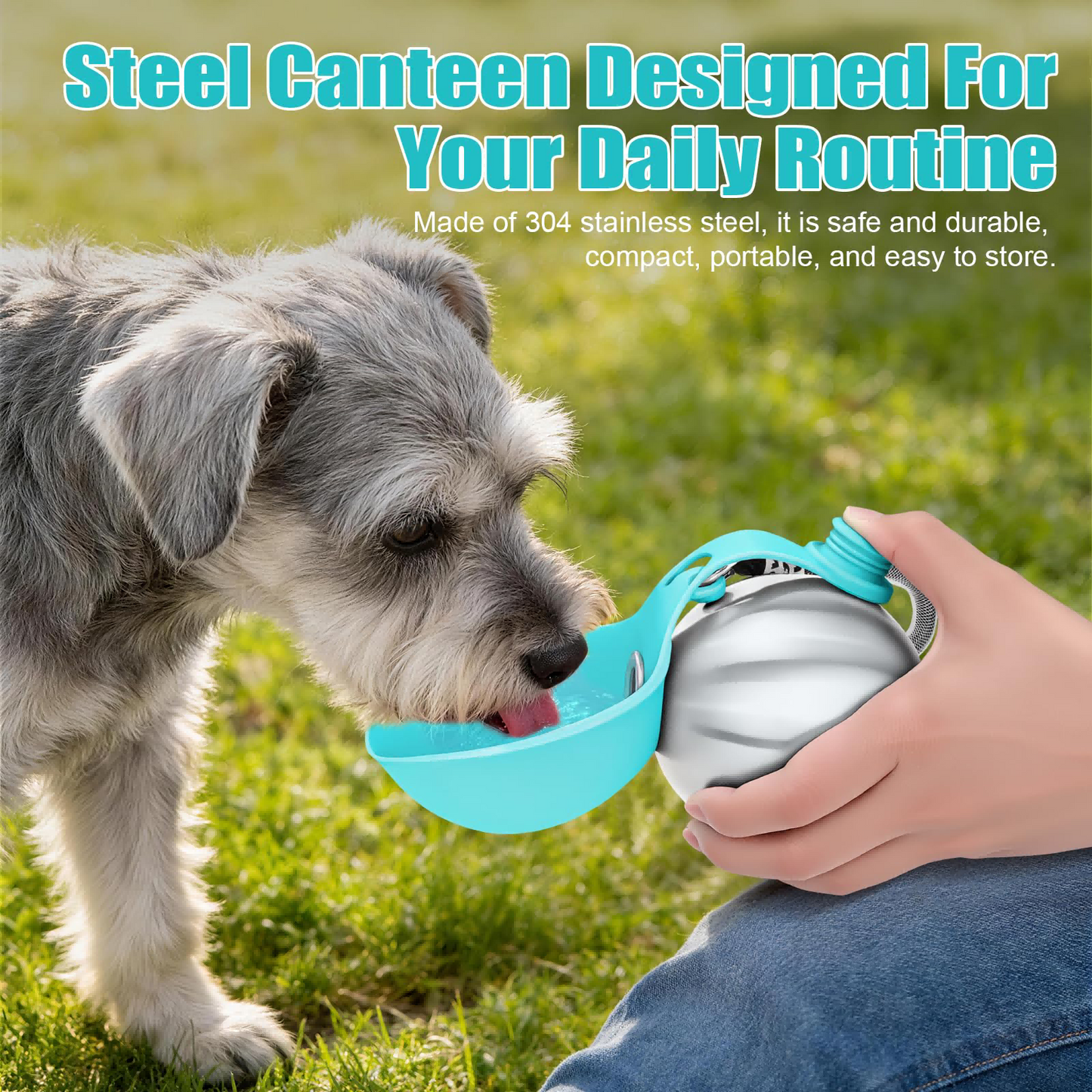 Dog drinking from a blue and silver steel canteen in a grassy field