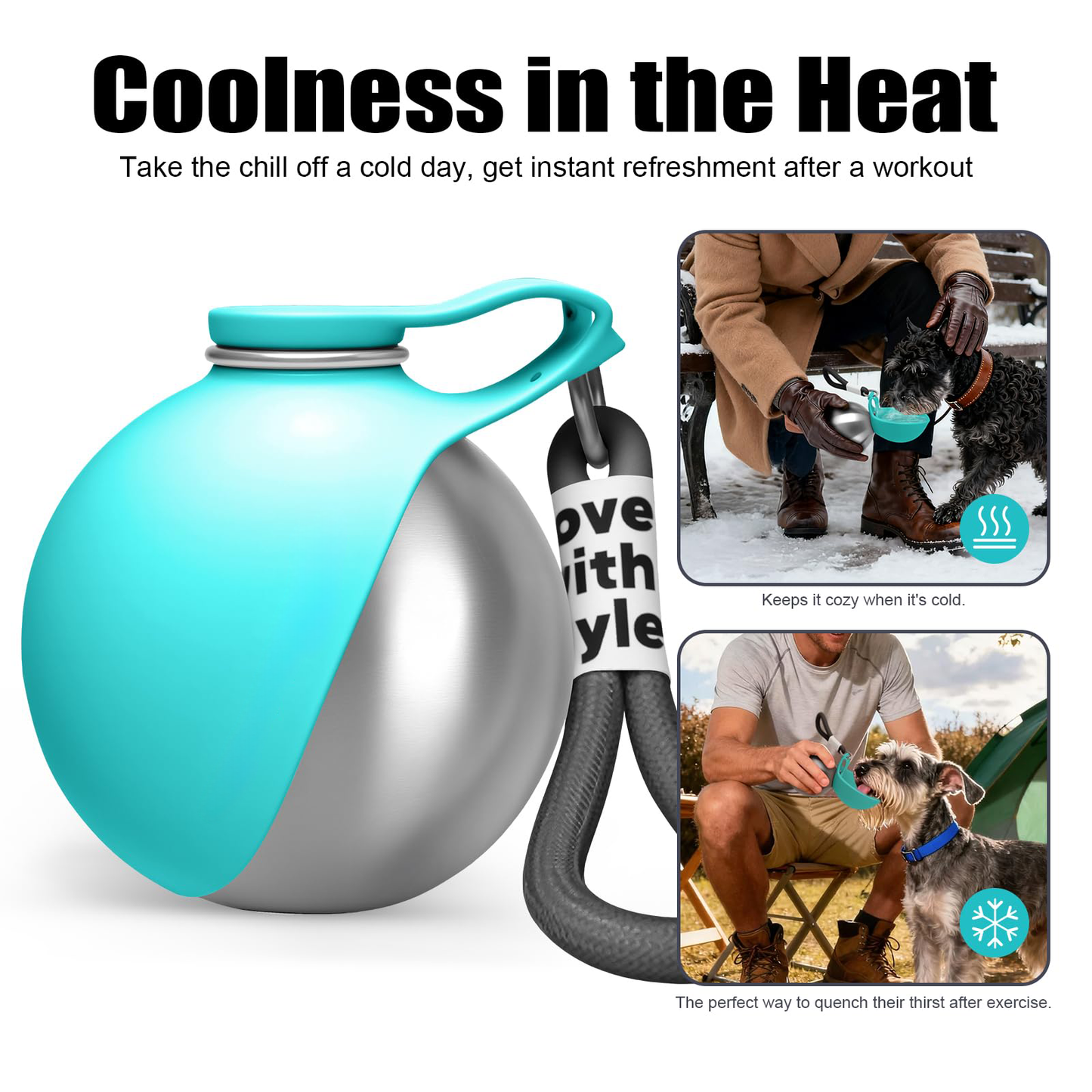 Turquoise and silver dog water bottle with text 'Coolness in the Heat' and images of a person and dog using it.