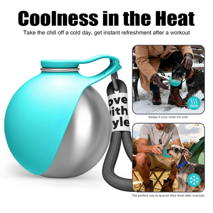 Turquoise and silver dog water bottle with text 'Coolness in the Heat' and images of a person and dog using it.
