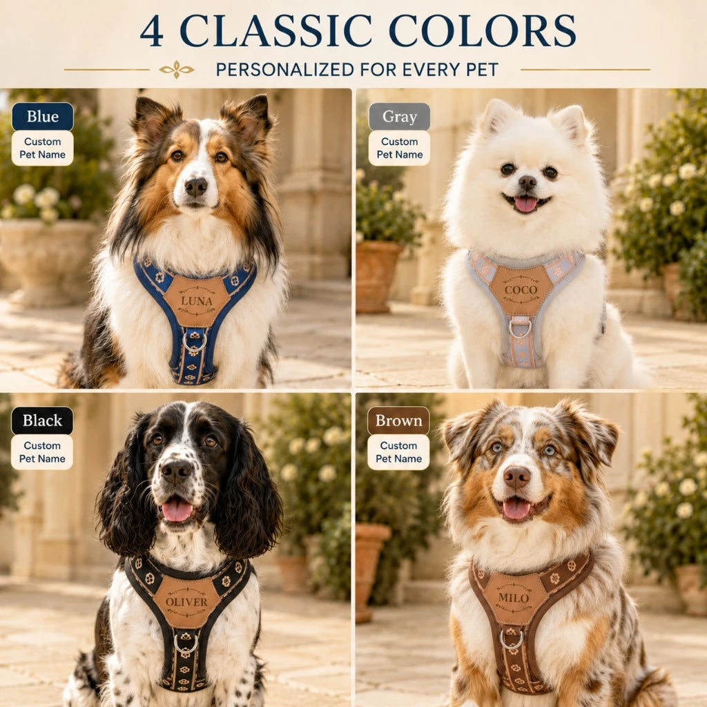 Comfortable custom dog harness featuring an engraved faux leather ID tag