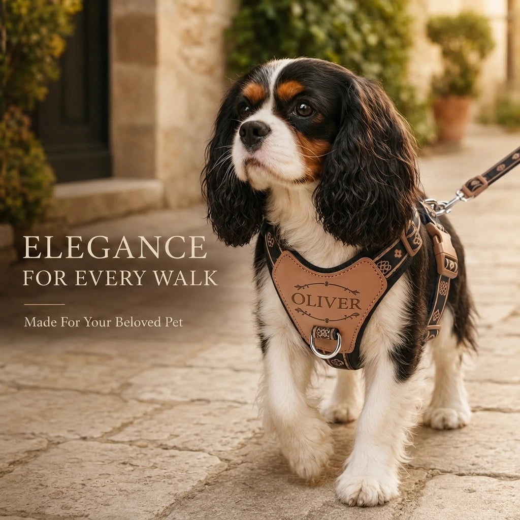 Stylish faux leather personalized name tag attached to a dog chest harness