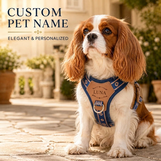 Custom dog chest harness with personalized engraved faux leather name tag