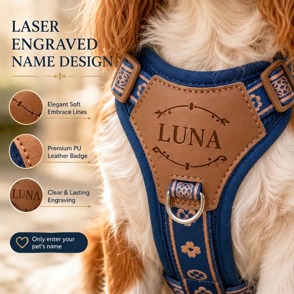 Adjustable-style dog chest harness with personalized pet name plate