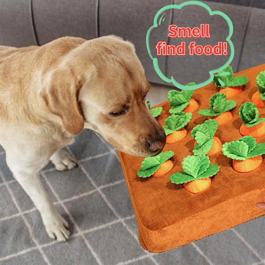 Carrot snuffle mat for dogs with hidden treat pockets, interactive dog puzzle toy for mental stimulation, sniffing and enrichment