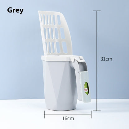 Grey cat litter scoop with attached waste container for easy daily use