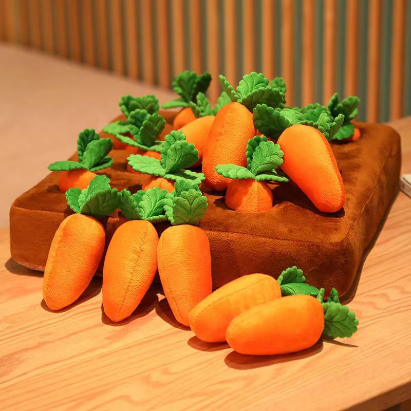 Carrot dog puzzle toy with plush vegetables for pet enrichment and boredom relief