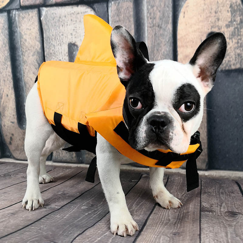 Orange shark fin dog swim vest for small and medium dogs
