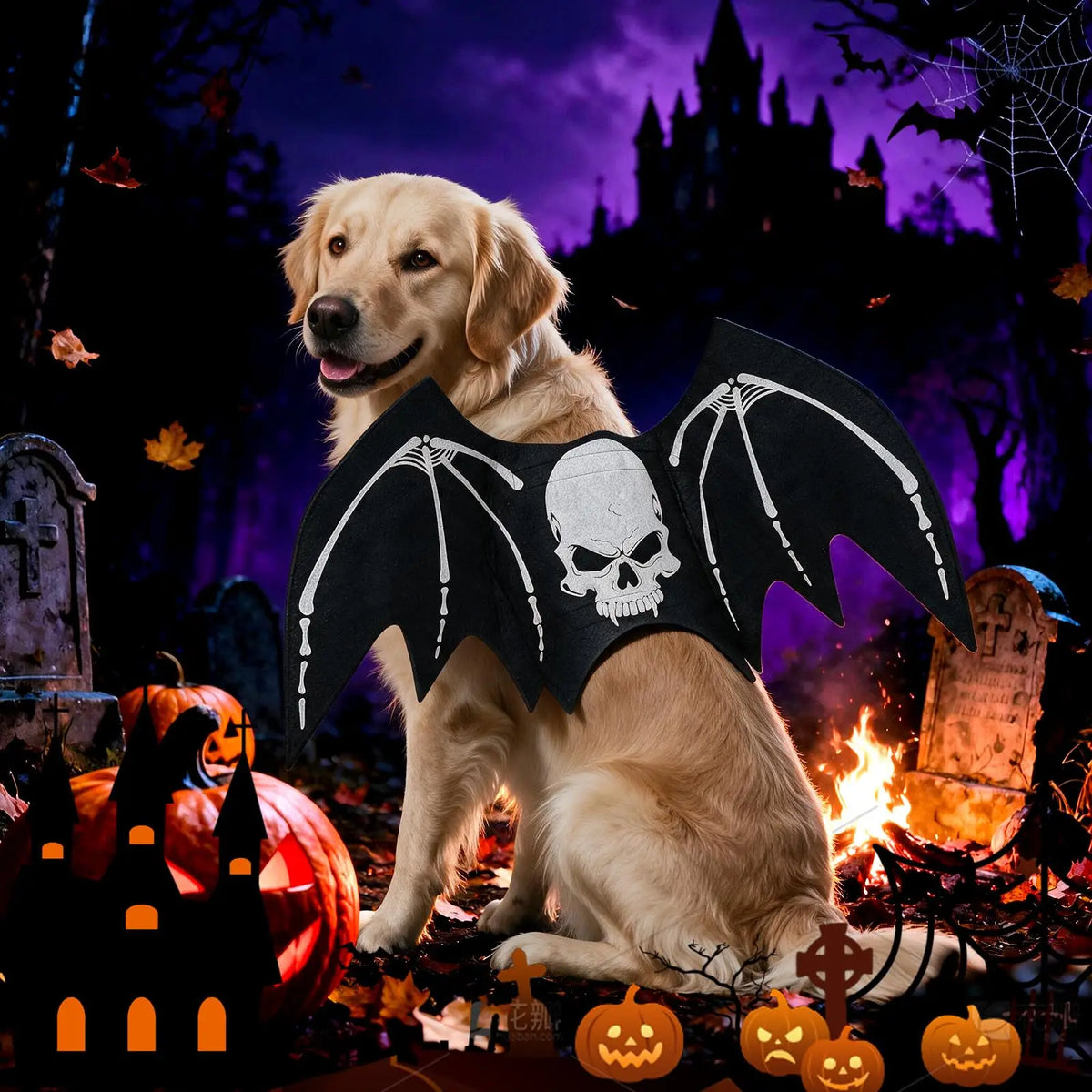 Black bat costume with adjustable neck and chest straps for large dogs
