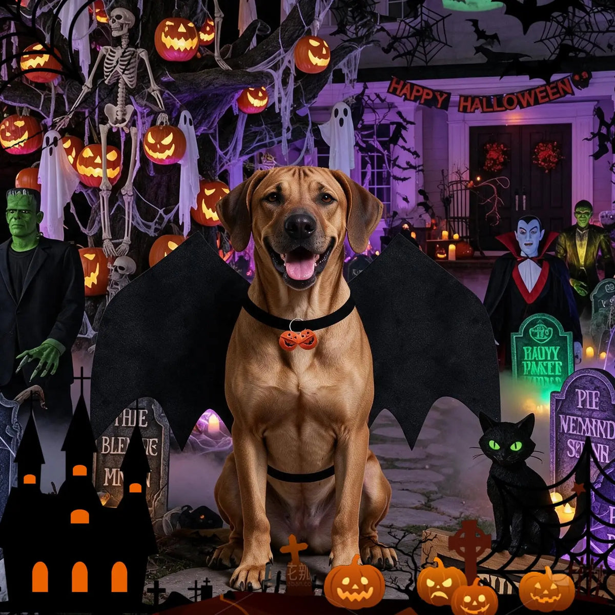 Lightweight skeleton print bat costume for large dogs
