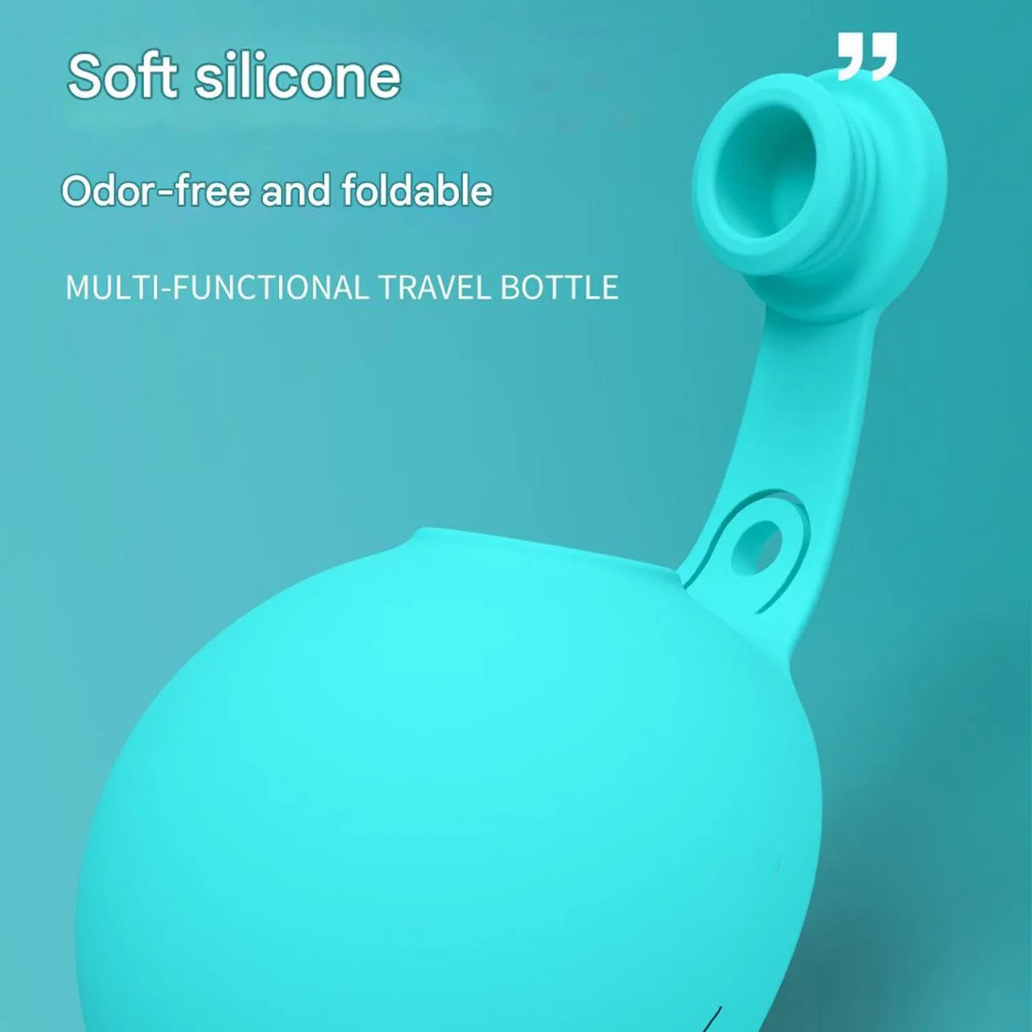 Turquoise silicone travel bottle with text on a blue background