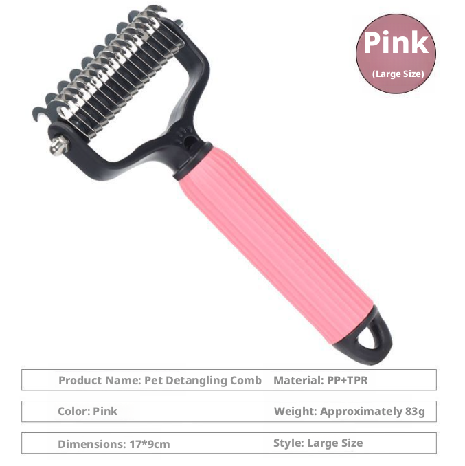 Pink pet dematting comb for dogs and cats with double sided stainless steel teeth for removing knots, tangles and shedding hair
