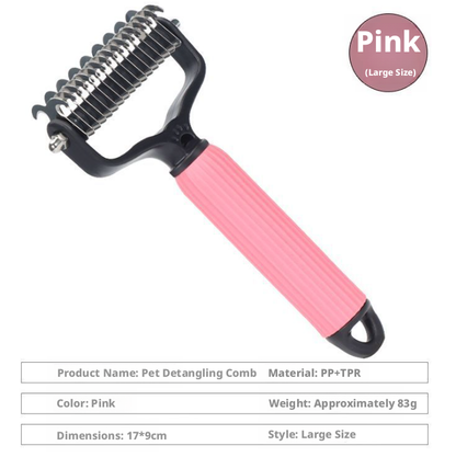 Pink pet dematting comb for dogs and cats with double sided stainless steel teeth for removing knots, tangles and shedding hair