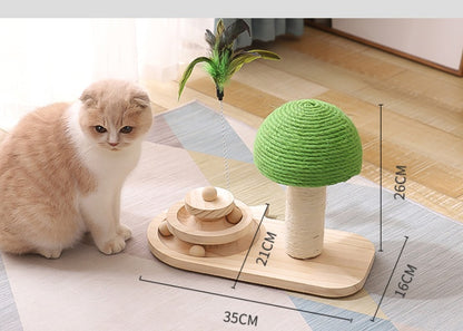 Interactive cat toy featuring a wooden ball track and feather teaser to encourage chasing, batting, and exercise.
