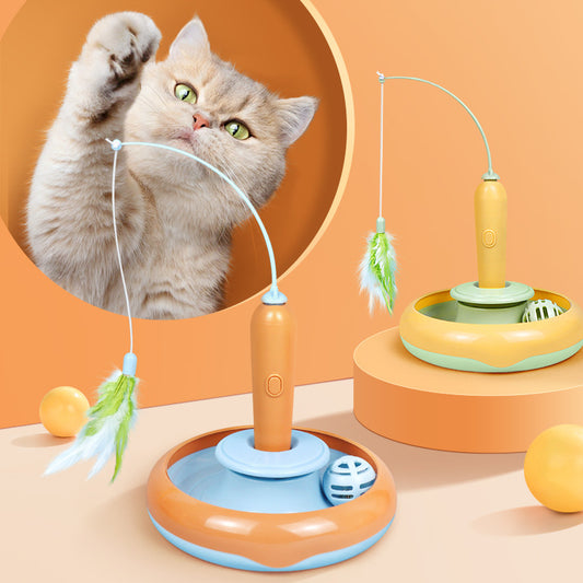 Interactive cat turntable toy with feather teaser wand and rolling ball, designed to keep indoor cats active and entertained
