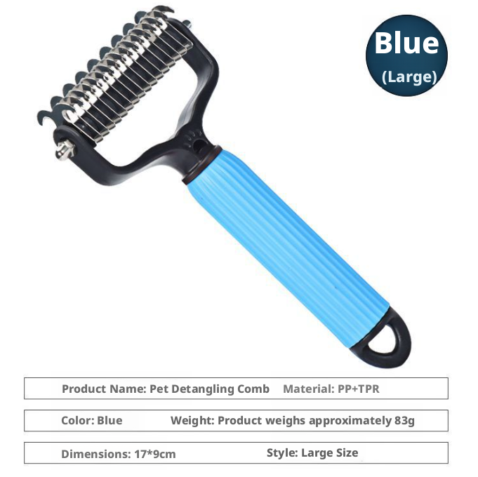 Blue Adjustable double sided pet grooming comb for dogs and cats with stainless steel teeth to remove mats, tangles and loose fur
