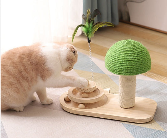 Wooden interactive cat toy with rolling ball track and feather teaser for indoor cats and kittens.
